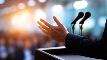 A conference speaker standing at a podium with two microphones addressing an audience.
