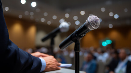 A conference speaker standing at a podium with two microphones addressing an audience.
