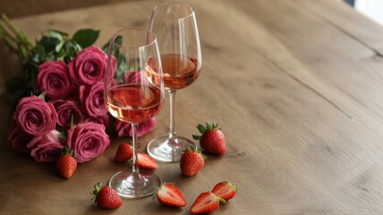 Two glasses of rose wine with strawberries and a bouquet of roses on a rustic wooden surface. A photo with a place for the text.