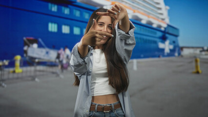 Fototapeta premium Young woman smiling and framing the view with her hands in front of a large blue cruise ship docked at a port; travel wanderlust joy.