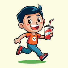 Happy Boy Running with a Soda Cup and Straw child smiling