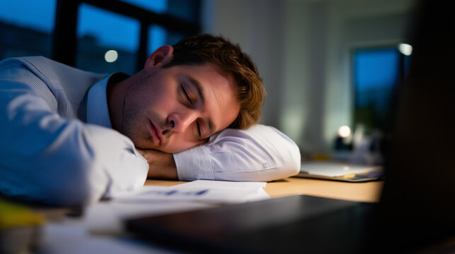 A tired office worker asleep on his desk late at night surrounded by documents and a laptop.
