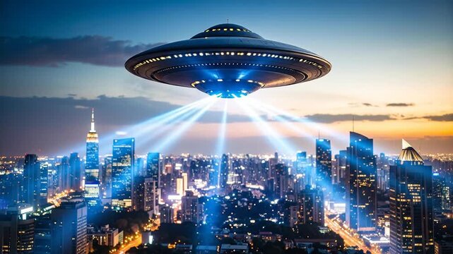 UFO Flying Over City, Beaming Down Lights at Dusk