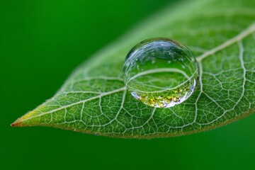 Emerald green leaf vein water drop