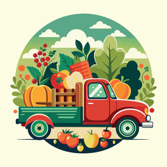 A green truck with a trailer on a road in a summer field with a sky and a tree is an illustration of transportation and nature