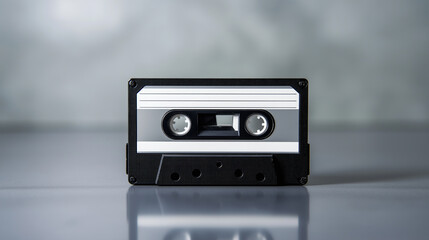 Fototapeta premium A vintage audio cassette tape standing upright on a reflective surface. 