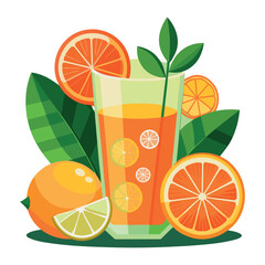 A glass of fresh orange juice with citrus fruits is a healthy, sweet, and bright breakfast drink full of vitamin C