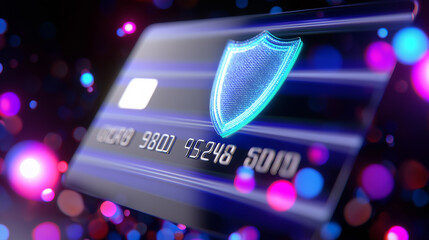 A futuristic credit card with a glowing digital shield symbolizing online payment security.