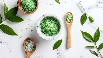 Aesthetic composition showcasing green crystals, leaves, and wooden elements, top view