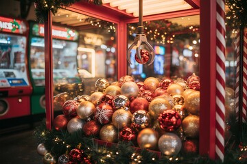 Festive claw machine game filled with colorful christmas baubles and holiday prizes, a fun concept for seasonal arcades and marketing