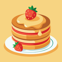 Delicious dessert plate of sweet pancakes and birthday cake with fresh cream and strawberries