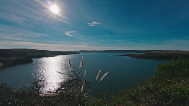 Bright Sun Flare Over Drakes Estero Lagoon with Foreground Grasses, Point Reyes