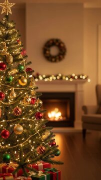 Sparkling christmas tree by cozy fireplace with glowing lights and colorful presents