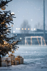 Christmas tree closeup with gifts on snowy soccer field, goal in background, snowfall and sun. Concept of resting soccer field during Christmas time.
