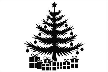 Black Silhouette of a Decorated Christmas Tree with Presents Keywords: christmas, holiday, winter, christmas tree, decorated