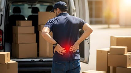 Delivery worker suffering from lower back pain, highlighting occupational injury from lifting packages.
