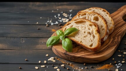Slices of fresh homemade bread are laid out on an olive wood cutting board and decorated with bright green basil leaves. A photo with a place for the text.
