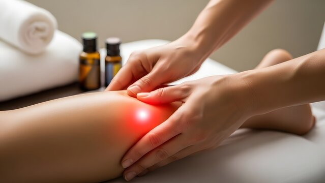 Therapeutic leg massage targeting calf pain, highlighting relief and wellness with a focused red light effect.