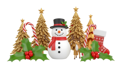 Festive Christmas holiday snowman surrounded by golden fir trees and decorations