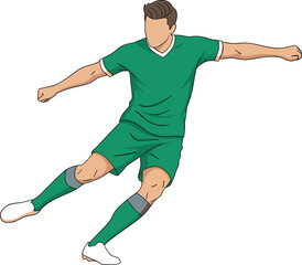 Soccer player kicking motion, green uniform, athletic pose, vector character, CAD drawing, flat illustration, sports action, football athlete