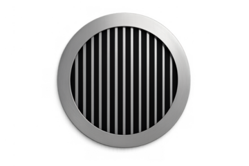 Round ventilation grill with vertical slats, industrial metal air vent design for cooling and heating systems, transparent background