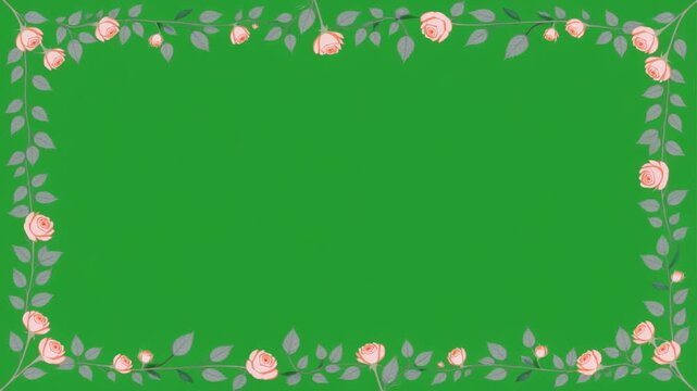 Elegant rectangular border of blooming pink roses and foliage creating a romantic floral frame. Isolated on a vibrant green background, perfect for chroma key video