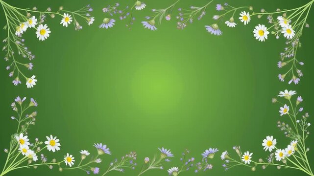 Beautifully illustrated border of chamomile daisies and delicate blue wildflowers forming a rectangular frame on a fresh green gradient background, an elegant natural design for spring