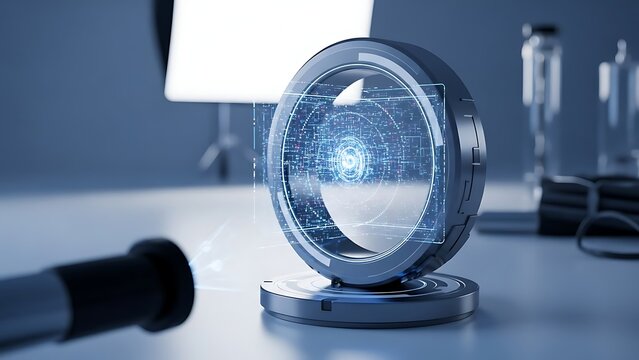 Futuristic spherical interface displaying complex holographic data in a modern scientific research laboratory