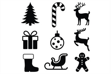 Nine Black Silhouette Icons Representing Christmas Symbols and Characters Keywords: christmas, tree, candy cane, reindeer, gift