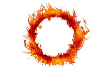 Red and orange flame burst in circular frame isolated on white background