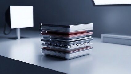 Sleek stack of modern portable data storage devices, showcasing advanced technology for digital information management in a minimalist, high-tech office setting