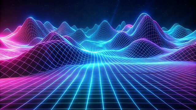 Futuristic Glowing Abstract Nature 8K Landscape Background, Neon Light Colors in Darkness, 3D Digital Art