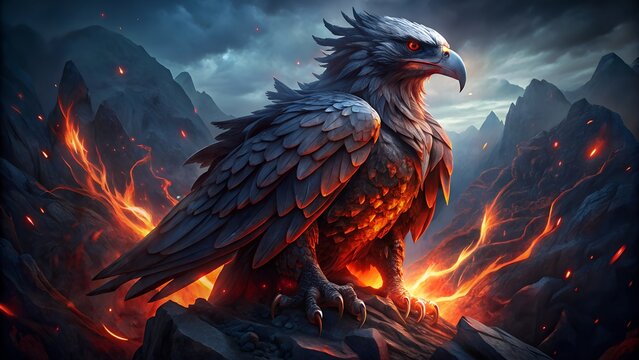 Majestic Phoenix Bird Rising from Ashes, Burning Fire Wings in Dark Background, Fantasy Mythology 8K Landscape Wallpaper - Powered by Adobe