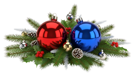 Festive Christmas Ornament Arrangement with Red and Blue Spheres on black background