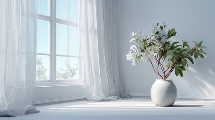 Bright room with a window showcasing a flower arrangement in a vase placed on a white floor