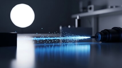 Futuristic precision engineering with a vibrant blue light beam, illustrating advanced industrial processing, digital fabrication, and high-tech innovation in a controlled, dark environment