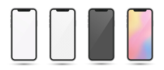 Set of vector smartphone mockups with white, transparent, black and color screens on a transparent background, front view phone templates for app presentation and user interface design.