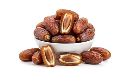 Obraz premium A bowl filled with fresh dates on wooden table, isolated white with copy space, ideal for a Ramadan and Eid al-Fitr themed background.