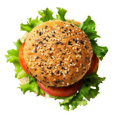 Chicken Burger Top View with Lettuce and Tomato isolated on transparent background