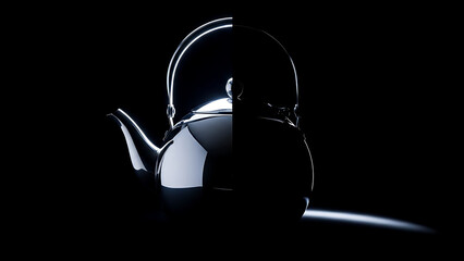 Metal teapot half illuminated