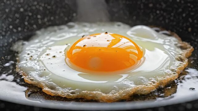 Close up of a perfectly fried egg cooking in a pan with sizzling oil.