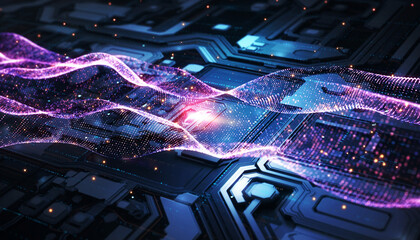Futuristic neon data waves over electronic circuit board, abstract AI technology background