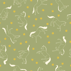 Fototapeta premium Seamless pattern with outlined horses and yellow flowers on a soft olive green background