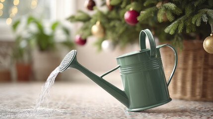 Watering christmas tree with watering can for healthy holiday decor