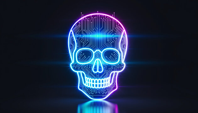 Neon cyber skull with circuit patterns, futuristic digital illustration
