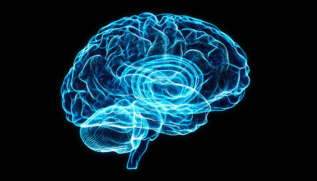 Holographic digital brain made of glowing particles, AI neural network visualization - Powered by Adobe