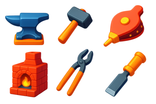 Set of six different tools, including a hammer, anvil, and a pair of pliers