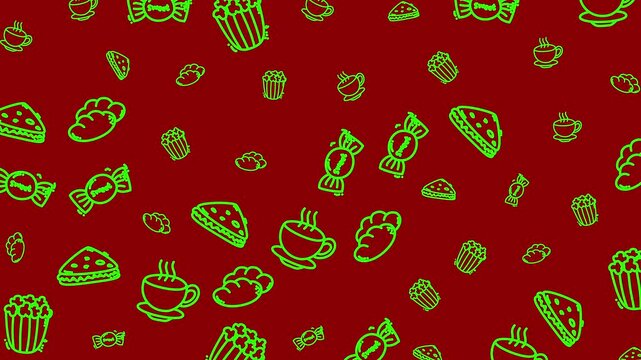 Christmas pattern with green food icons on a red background, suitable for holiday designs, wrapping paper, cards, and decorations.