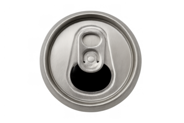 Aluminum can top opened, showing pull tab mechanism, preparing for drinking a carbonated beverage, transparent background