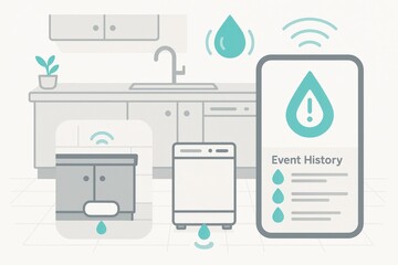 Kitchen Concept with Smart Appliances Featuring Water Leakage Detection and Event History for Efficient Home Management and Automation Solutions